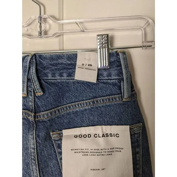 NWT Good American Women's Classic Raw Hem Hi-Rise Skinny Jeans Blue Size 0/25
