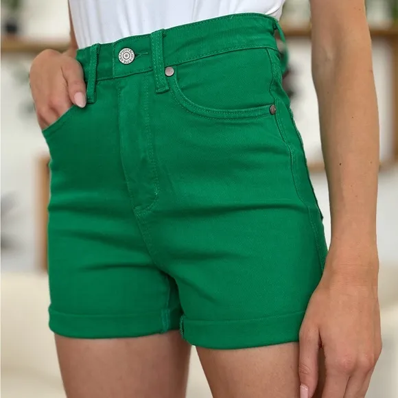 NWT Judy Blue PLUS   REG Size Green Tummy Control Garment Dyed Denim Shorts