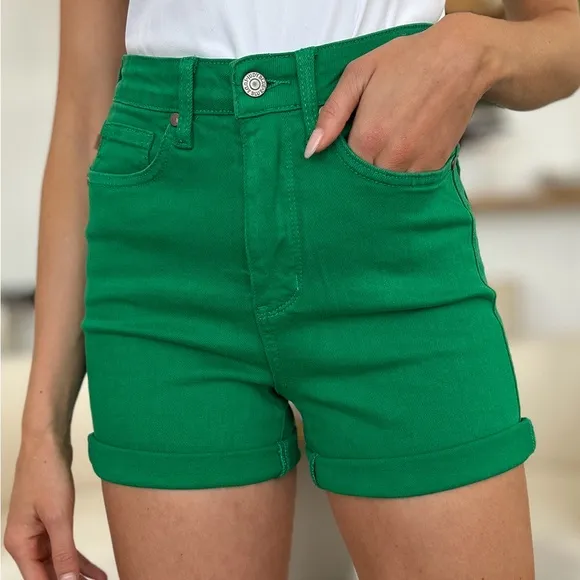 NWT Judy Blue PLUS   REG Size Green Tummy Control Garment Dyed Denim Shorts