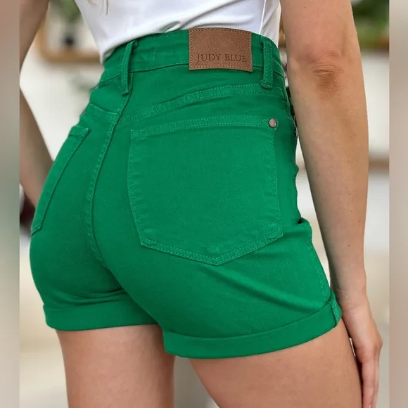 NWT Judy Blue PLUS   REG Size Green Tummy Control Garment Dyed Denim Shorts