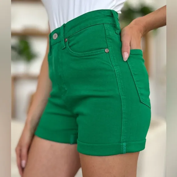 NWT Judy Blue PLUS   REG Size Green Tummy Control Garment Dyed Denim Shorts