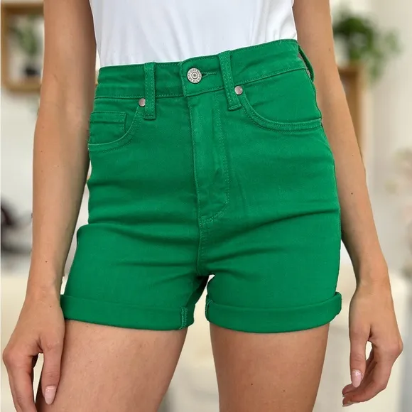 NWT Judy Blue PLUS   REG Size Green Tummy Control Garment Dyed Denim Shorts