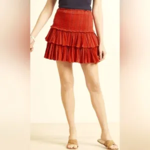 NWT SUNDRY Size Medium Electric Red Black Stripe Smocked Mini Skirt Ruff…