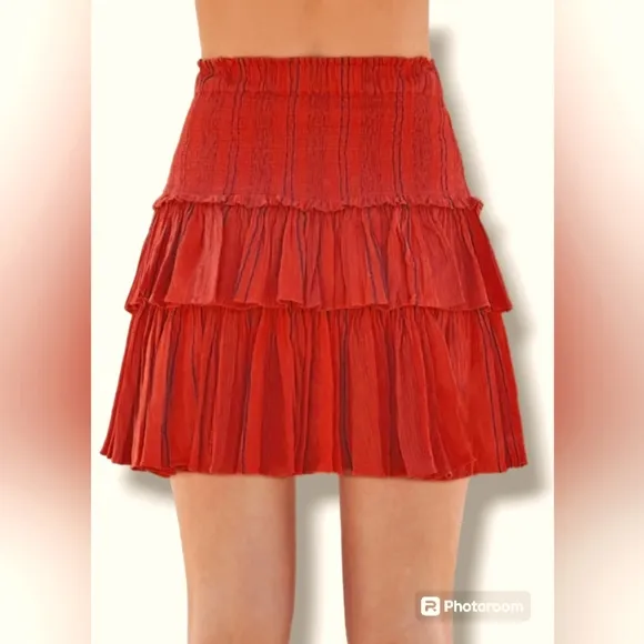 NWT SUNDRY Size Medium Electric Red Black Stripe Smocked Mini Skirt Ruff…