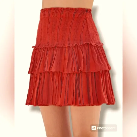 NWT SUNDRY Size Medium Electric Red Black Stripe Smocked Mini Skirt Ruff…