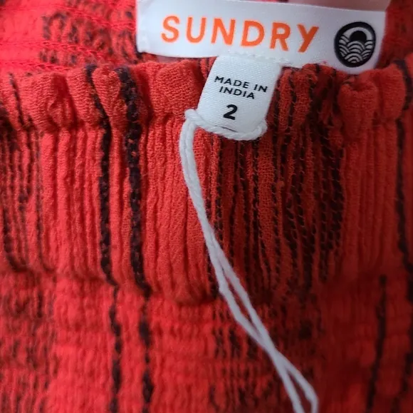 NWT SUNDRY Size Medium Electric Red Black Stripe Smocked Mini Skirt Ruff…