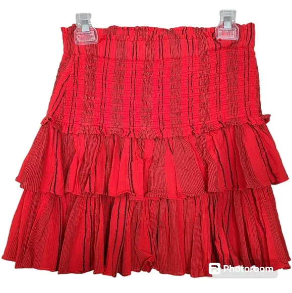 NWT SUNDRY Size Medium Electric Red Black Stripe Smocked Mini Skirt Ruff…