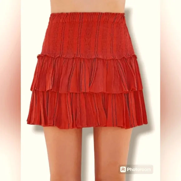 NWT SUNDRY Size Medium Electric Red Black Stripe Smocked Mini Skirt Ruff…