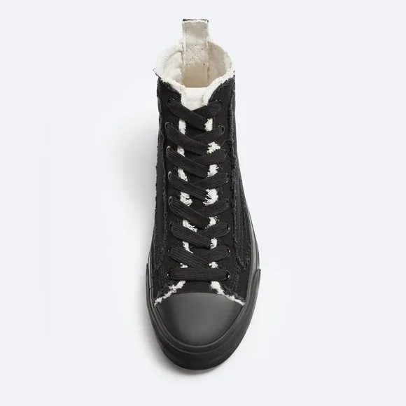 NWT. Zara Man Black Frayed Canvas High-Top Sneakers. Size 12.