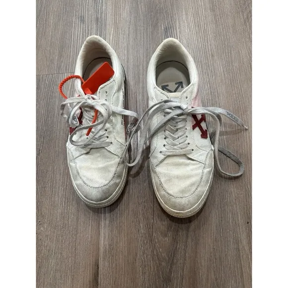 OFF-WHITE &quot;LOW VULCANIZED&quot; White Canvas Lace Up Low Top Sneakers Men's Size 42