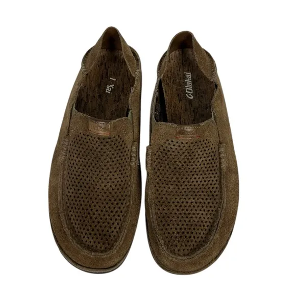 OLUKAI Men Moloa Kohana Shoes 10 Brown Perforated Suede Slip On Casual Loafers