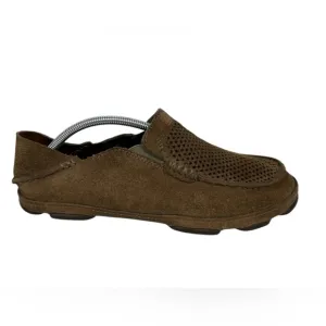 OLUKAI Men Moloa Kohana Shoes 10 Brown Perforated Suede Slip On Casual Loafers