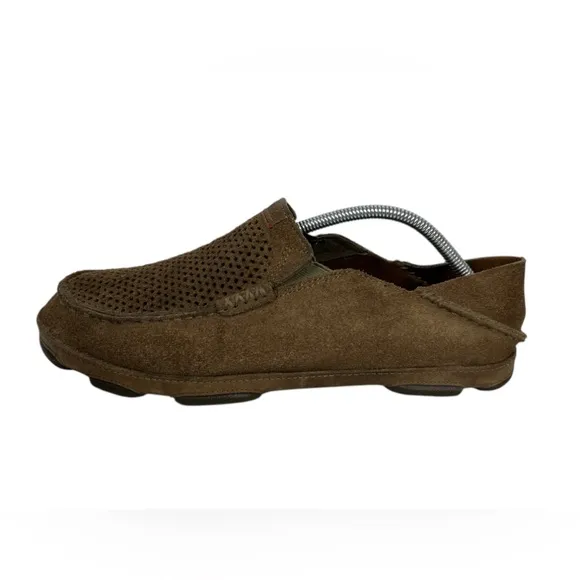 OLUKAI Men Moloa Kohana Shoes 10 Brown Perforated Suede Slip On Casual Loafers
