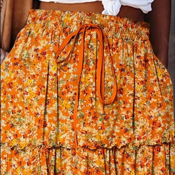 Orange and Yellow Tiered Maxi Skirt for Casual Wear
