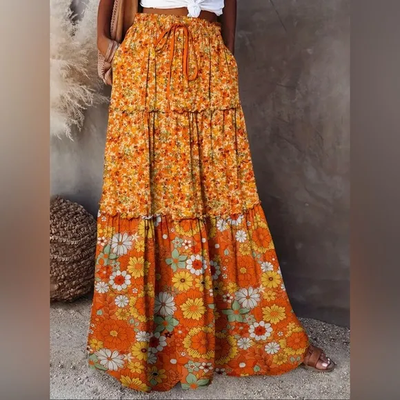 Orange and Yellow Tiered Maxi Skirt for Casual Wear