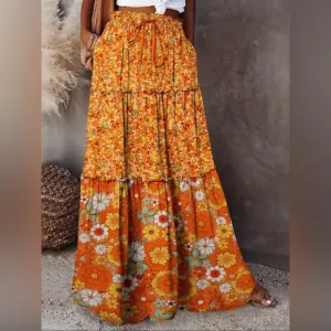Orange and Yellow Tiered Maxi Skirt for Casual Wear
