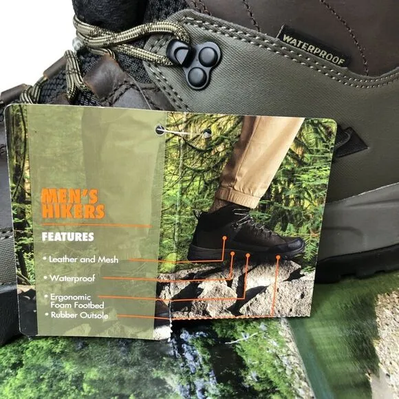 Ozark Trail Men's Meadows Waterproof Brown Leather Hiking Work Boots Size 9.5