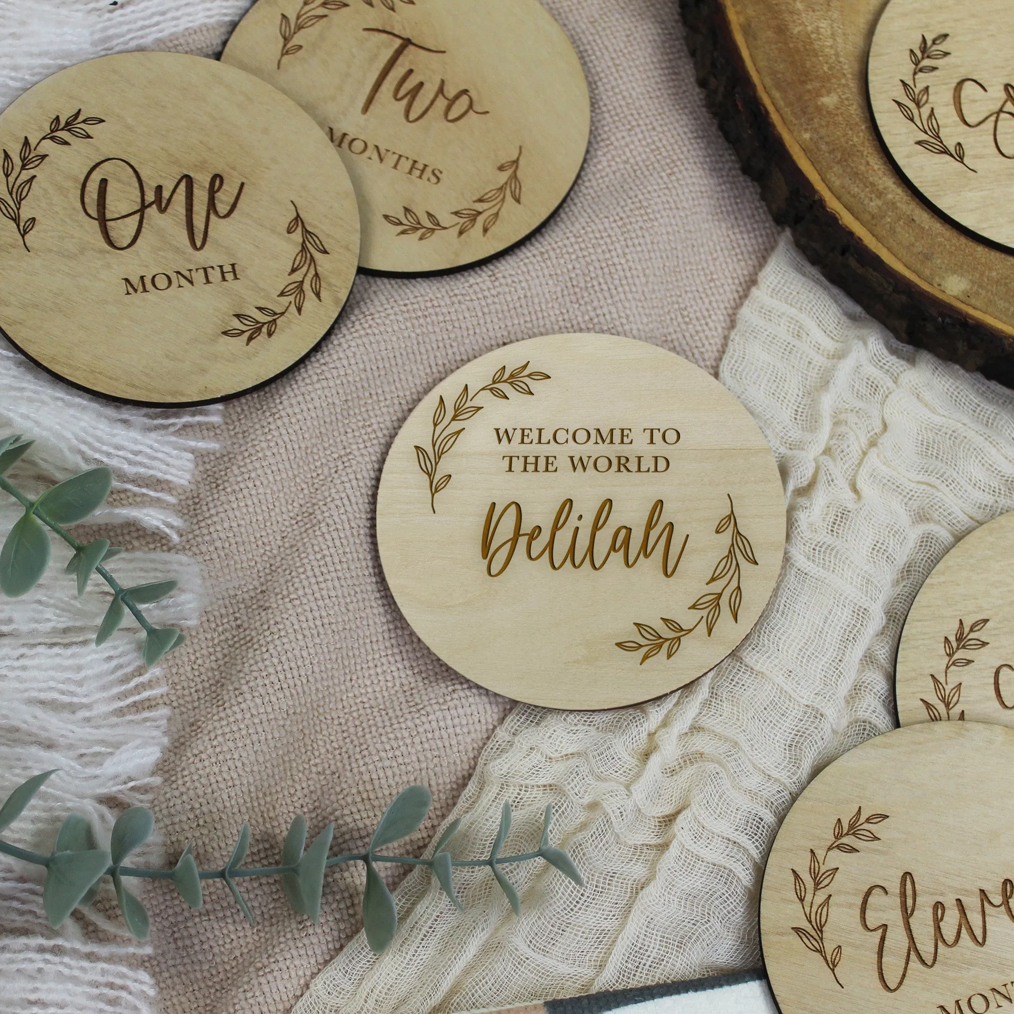 Personalised Wooden 12 Month Baby Milestone & Welcome To The World Discs