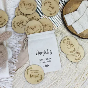 Personalised Wooden 12 Month Baby Milestone & Welcome To The World Discs