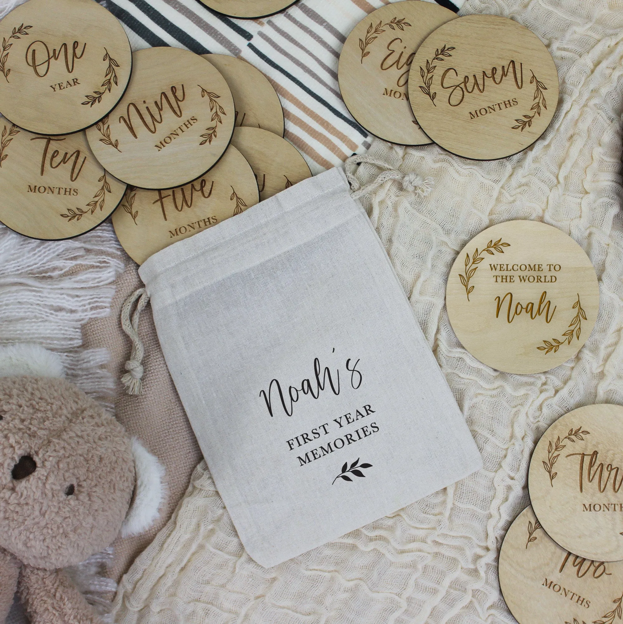 Personalised Wooden 12 Month Baby Milestone & Welcome To The World Discs