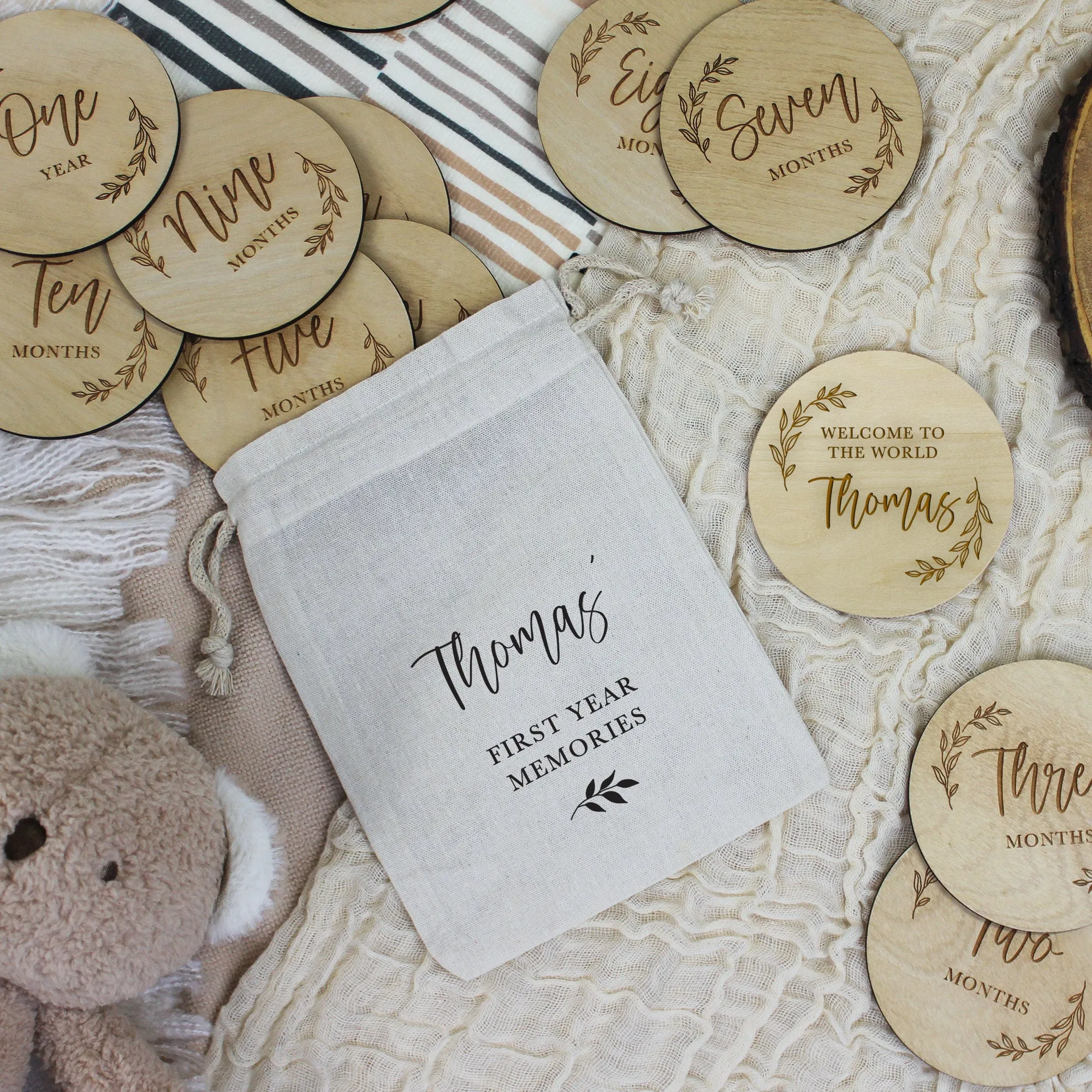 Personalised Wooden 12 Month Baby Milestone & Welcome To The World Discs