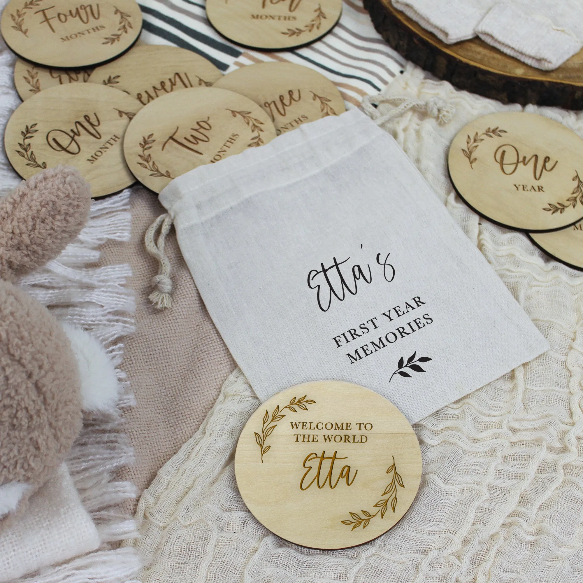 Personalised Wooden 12 Month Baby Milestone & Welcome To The World Discs