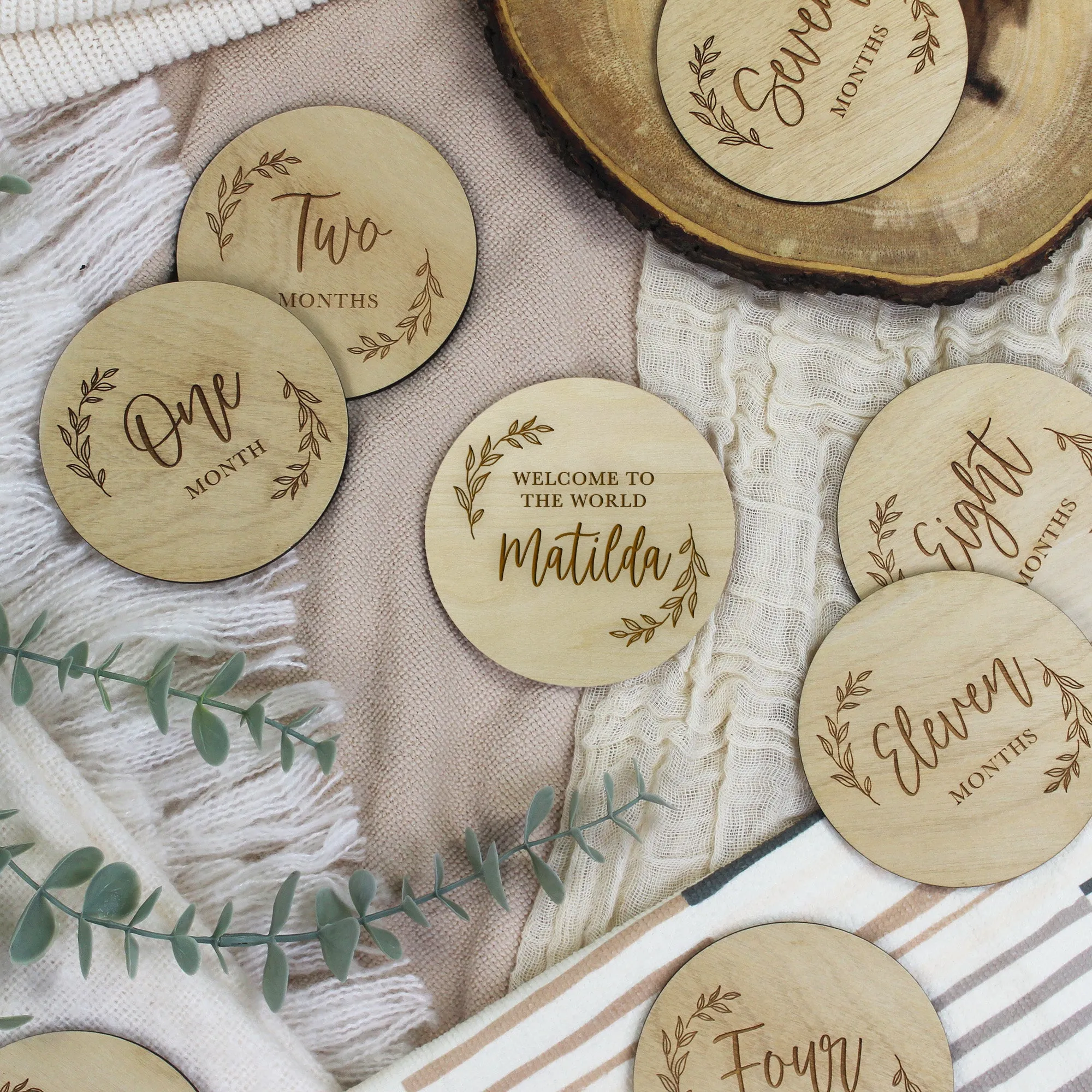 Personalised Wooden 12 Month Baby Milestone & Welcome To The World Discs