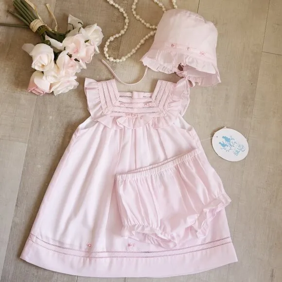 Pink Dress Bonnet Bloomer Set Flutter Sleeves Heirloom Details Boutique NWT