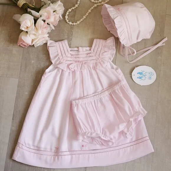 Pink Dress Bonnet Bloomer Set Flutter Sleeves Heirloom Details Boutique NWT