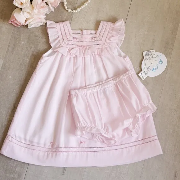 Pink Dress Bonnet Bloomer Set Flutter Sleeves Heirloom Details Boutique NWT