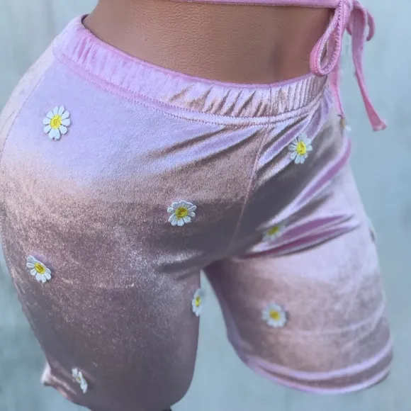 Pink yellow velvet daisy rave festival bikini short outfit edc costume outfit E1
