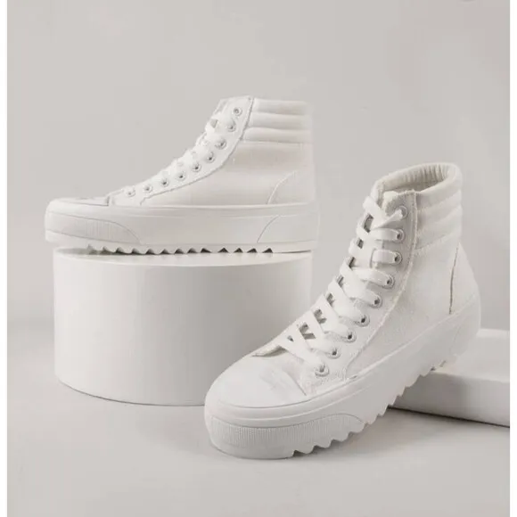 Platform High-Top Skate Sneaker White Canvas Lace-up Women's Size 9 NEW Shein