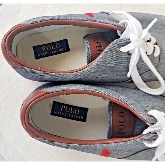 Polo Ralph Lauren men's size 14 D gray sneaker canvas NWOT red logo leather trim
