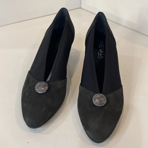 Prevata Italy Smoke Suede Ophila Pumps Snakeskin Heels &amp; Buttons Vtg NIB 9AA
