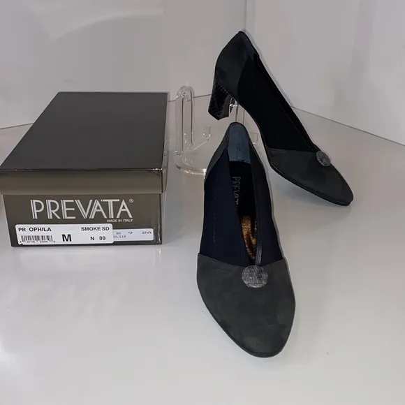 Prevata Italy Smoke Suede Ophila Pumps Snakeskin Heels &amp; Buttons Vtg NIB 9AA