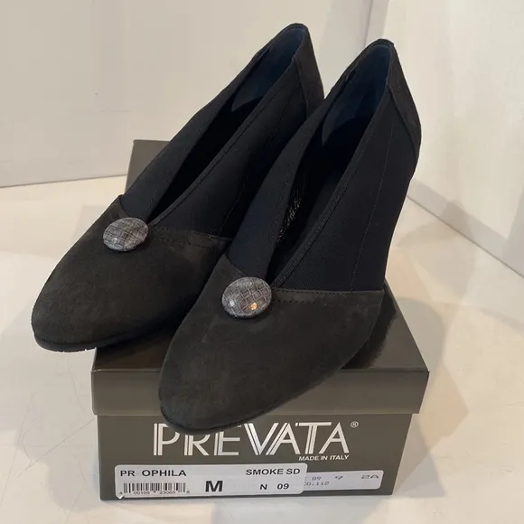 Prevata Italy Smoke Suede Ophila Pumps Snakeskin Heels &amp; Buttons Vtg NIB 9AA