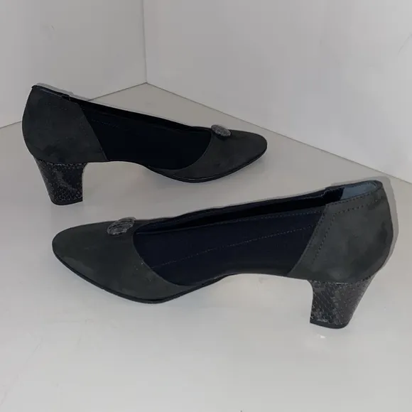 Prevata Italy Smoke Suede Ophila Pumps Snakeskin Heels &amp; Buttons Vtg NIB 9AA