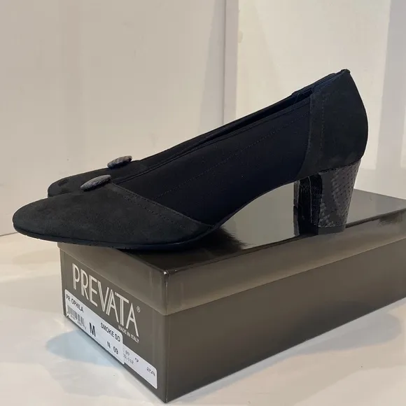 Prevata Italy Smoke Suede Ophila Pumps Snakeskin Heels &amp; Buttons Vtg NIB 9AA