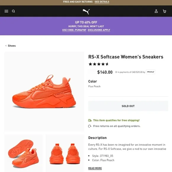 Puma RS-X 'Softcase' Fluo Peach Sneakers 6.5Y (8W)