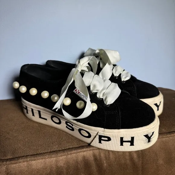 RARE Superga X Philosophy Di Lorenzo Serafini Womens Pearl Stud Sneakers Black