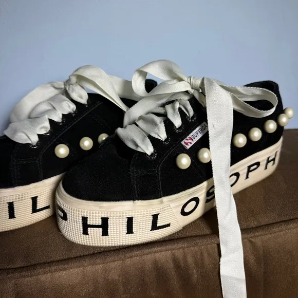 RARE Superga X Philosophy Di Lorenzo Serafini Womens Pearl Stud Sneakers Black