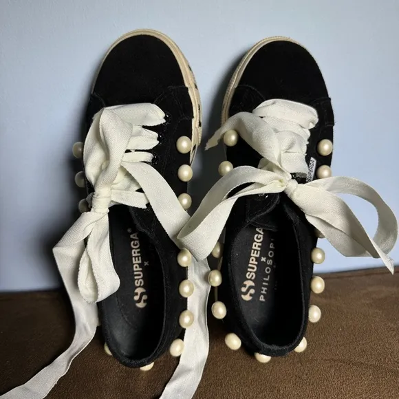 RARE Superga X Philosophy Di Lorenzo Serafini Womens Pearl Stud Sneakers Black
