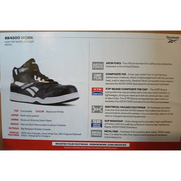 Reebok BB4500 Work Composite Toe High-Top Sneakers Black/White Size 13 W #898