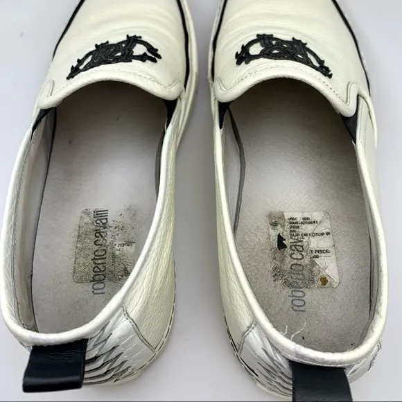 ROBERTO CAVALLI MEN'S LOGO LEATHER SLIP ON LOW-TOP WHITE &amp; BLACK SNEAKERS