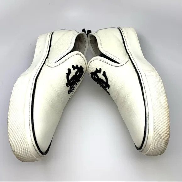ROBERTO CAVALLI MEN'S LOGO LEATHER SLIP ON LOW-TOP WHITE &amp; BLACK SNEAKERS