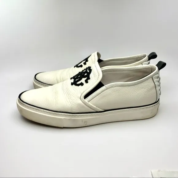 ROBERTO CAVALLI MEN'S LOGO LEATHER SLIP ON LOW-TOP WHITE &amp; BLACK SNEAKERS
