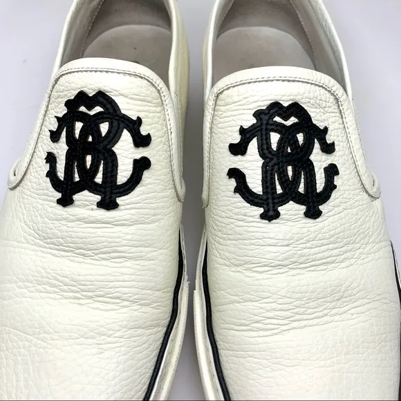 ROBERTO CAVALLI MEN'S LOGO LEATHER SLIP ON LOW-TOP WHITE &amp; BLACK SNEAKERS