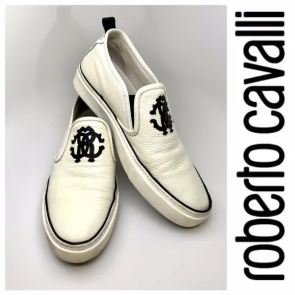 ROBERTO CAVALLI MEN'S LOGO LEATHER SLIP ON LOW-TOP WHITE &amp; BLACK SNEAKERS