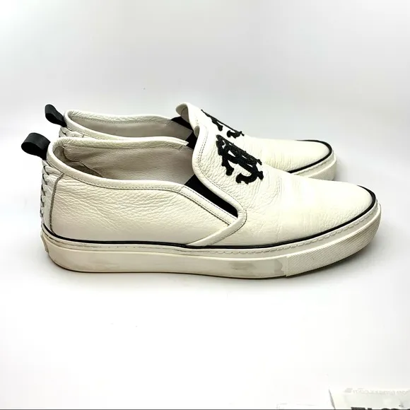 ROBERTO CAVALLI MEN'S LOGO LEATHER SLIP ON LOW-TOP WHITE &amp; BLACK SNEAKERS