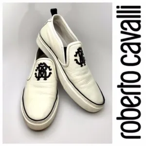 ROBERTO CAVALLI MEN'S LOGO LEATHER SLIP ON LOW-TOP WHITE &amp; BLACK SNEAKERS